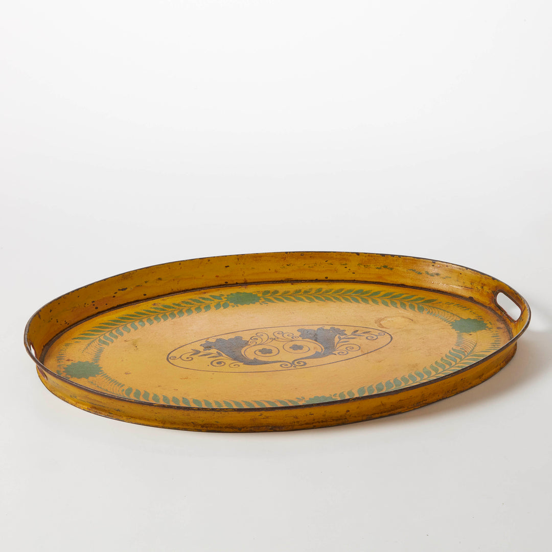 Antique English Ochre &amp; Green Laurel Tole Tray, c. 1820