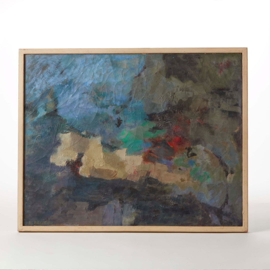 Framed abstract painting with moody blue, greens, and gray 