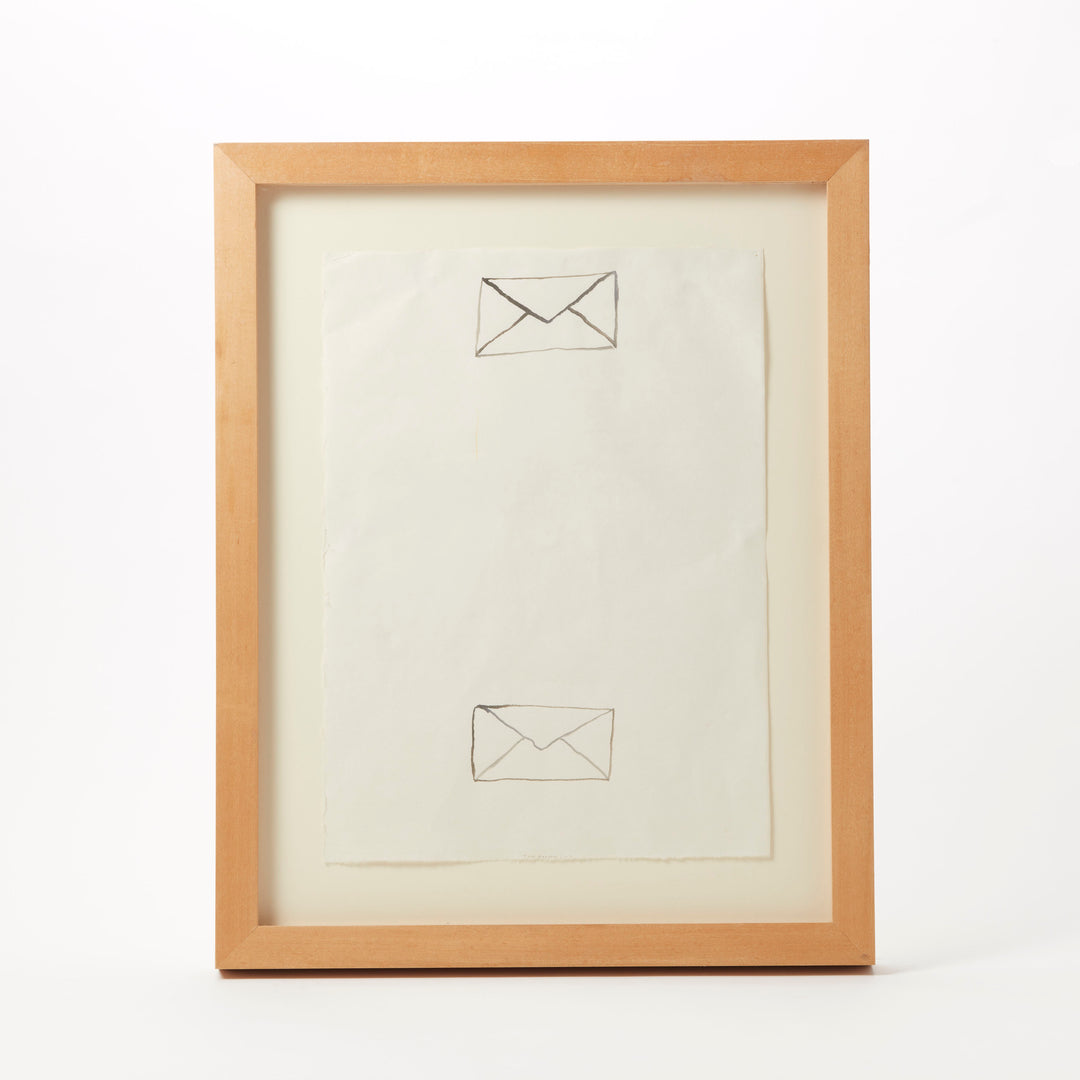 Framed artwork with two envelopes, pencil drawing on a white background