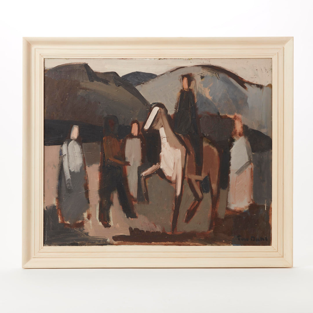 Chic special unique Mid-Century Modernist oil painting by Peer Lorentz Dahl: Rider on a white horse with figures and mountain landscape.
