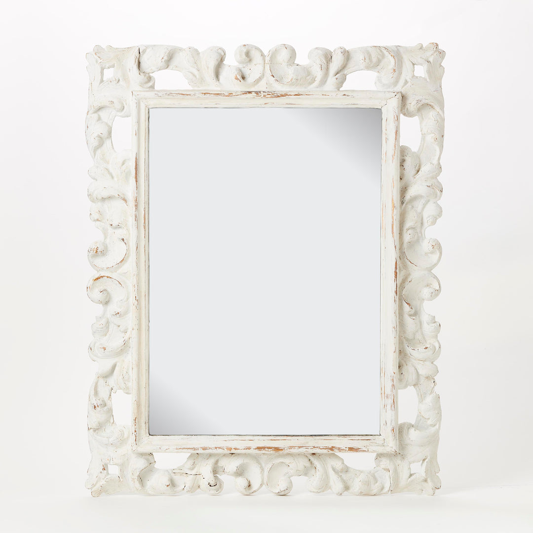 Decorative Italian baroque style 18th-century white wood carved statement mirror with intricate carvings  