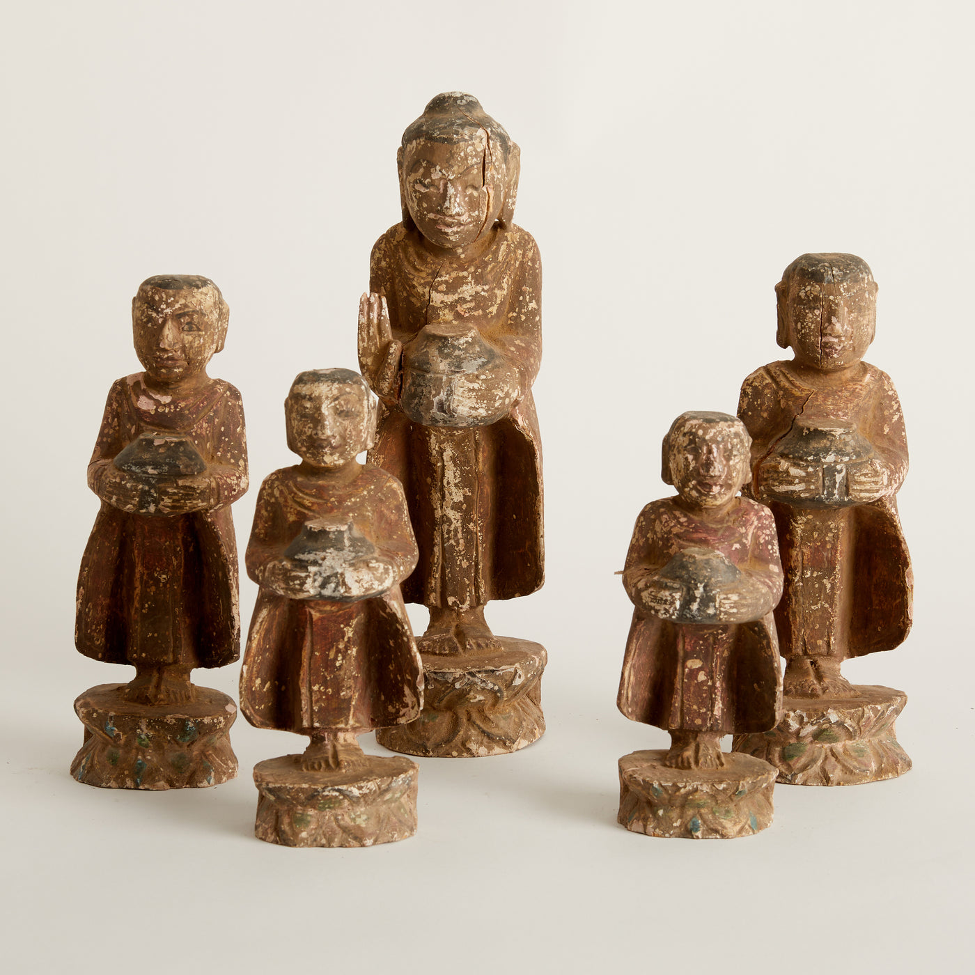 Set Of 5 Rustic Carved Wood Monks