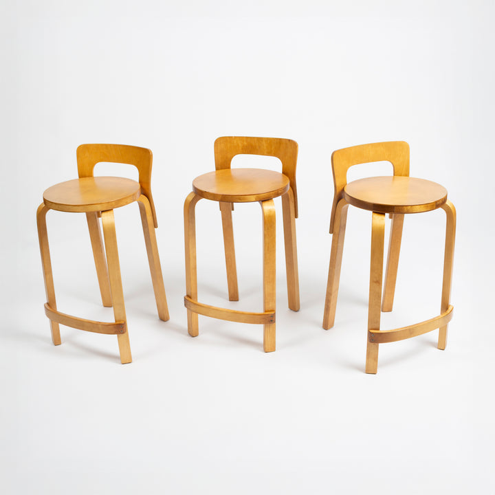 Set of 6 Alvar Aalto K65 Wood Bar Stools for Artek