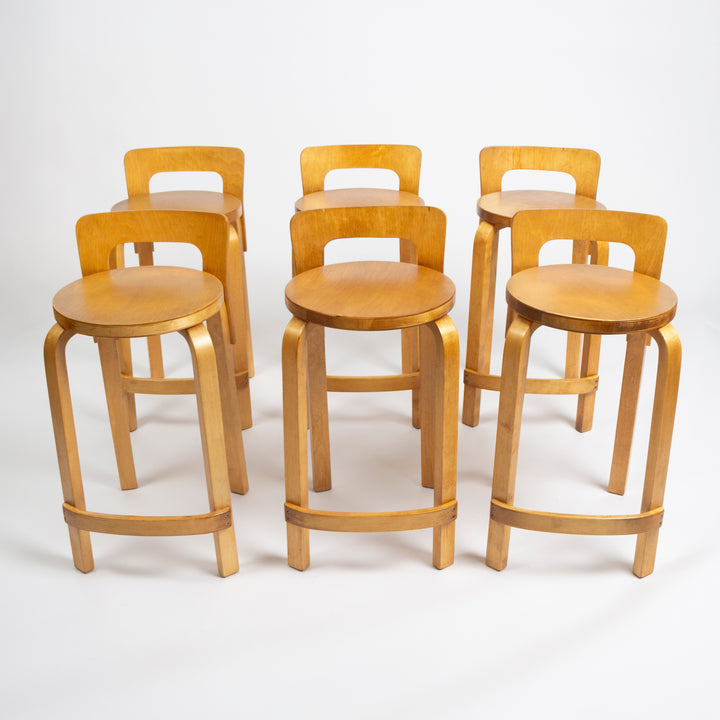 Set of 6 Alvar Aalto K65 Wood Bar Stools for Artek