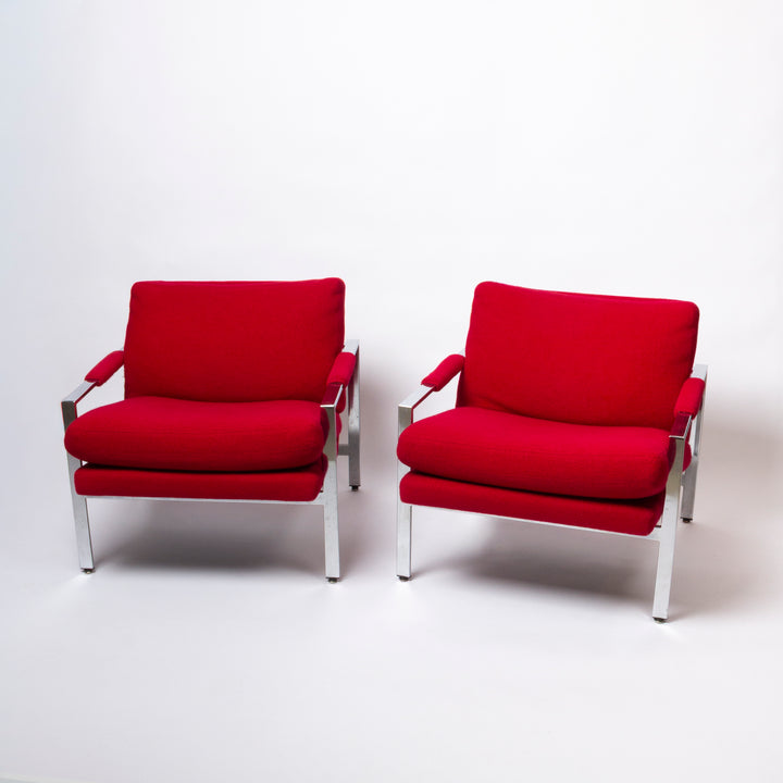 Pair of chrome mid century chairs by Milo Baughman in red boucle fabric