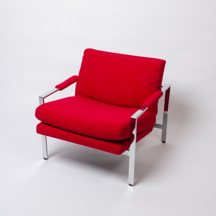 Pair of Vintage Chrome and Red Bouclé 951 Lounge Chairs, Milo Baughman for Thayer Coggin
