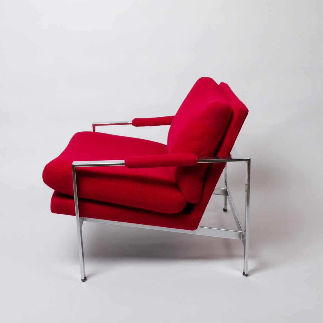 Pair of Vintage Chrome and Red Bouclé 951 Lounge Chairs, Milo Baughman for Thayer Coggin