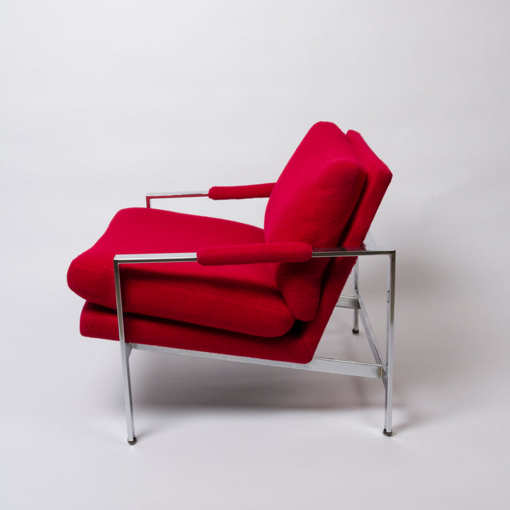 Pair of Vintage Chrome and Red Bouclé 951 Lounge Chairs, Milo Baughman for Thayer Coggin