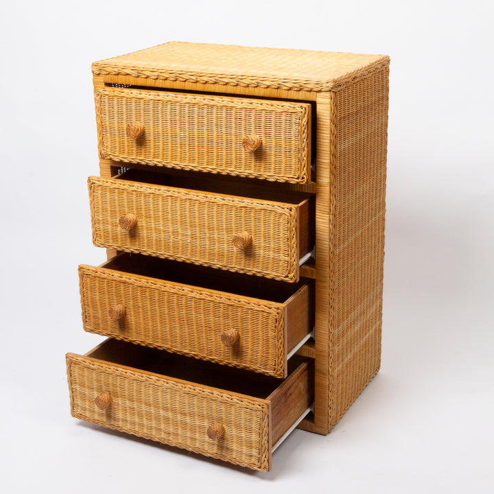 A five-drawer wooden chest with a woven rattan or wicker front and side panel, featuring round wooden knobs and open drawers, 