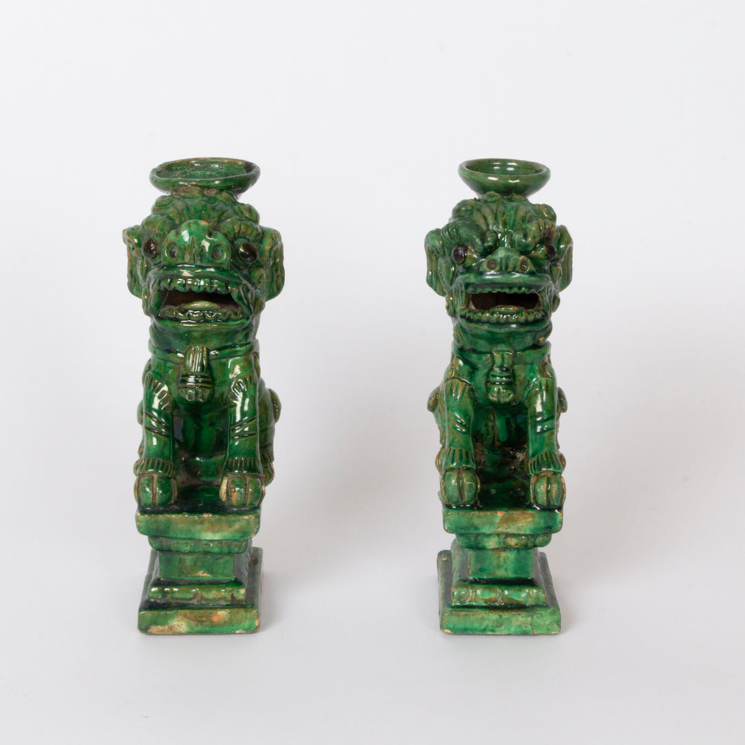 Pair of Vibrant Green-Glazed Pottery  Foo Dogs / Guardian Lions Circa 1900–1920, Chinese
