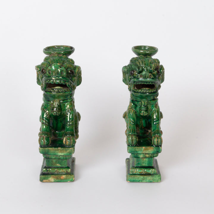 Pair of Vibrant Green-Glazed Pottery  Foo Dogs / Guardian Lions Circa 1900–1920, Chinese