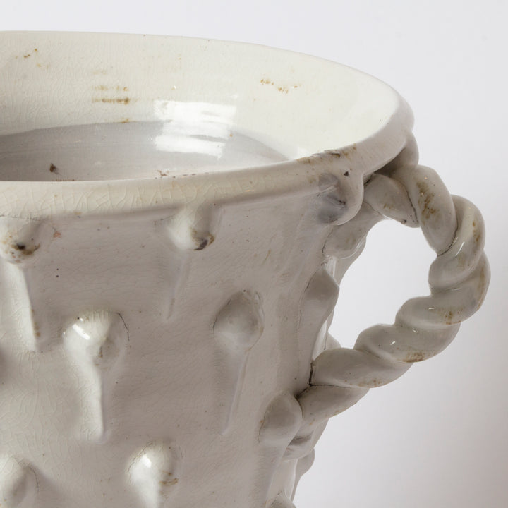 Large White Ceramic Pot with Teardrops and Braided Handles