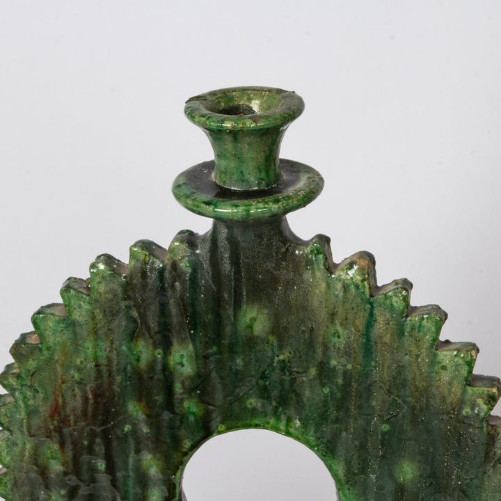 Pair of Large Moroccan Tamegroute Green Glazed Ceramic Candelabra / Sculpture