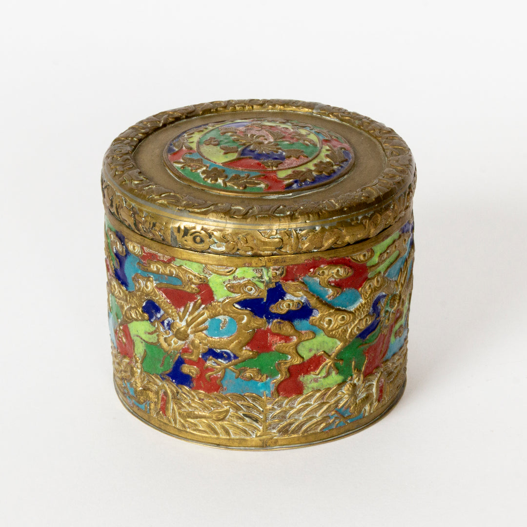 Chinese Enamel Round Box, Brass