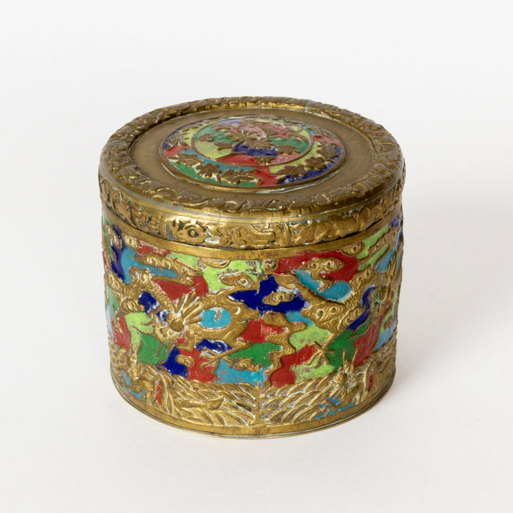 Chinese Enamel Round Box, Brass