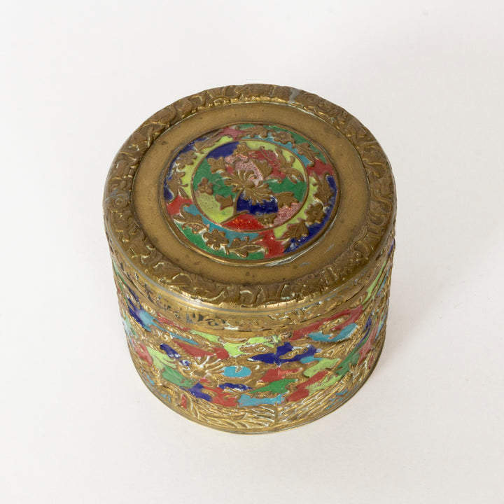 Chinese Enamel Round Box, Brass
