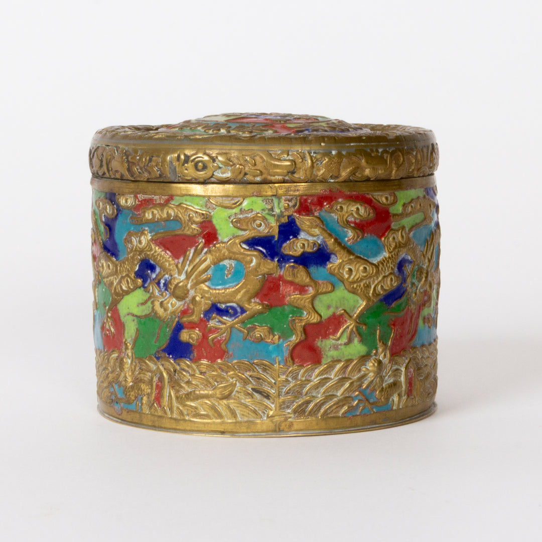 Chinese Enamel Round Box, Brass