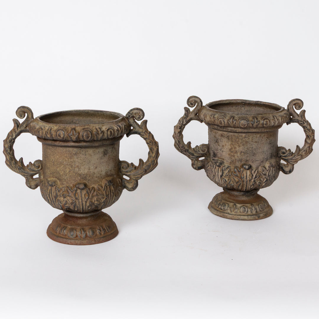 Pair of Victorian Queen Anne Style Cast Iron Garden Urns, mid 19th c.