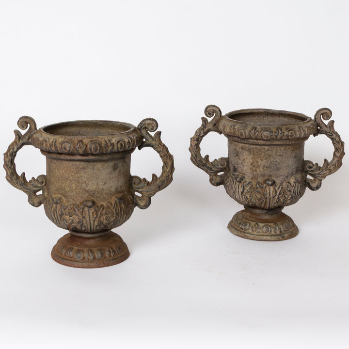 Pair of Victorian Queen Anne Style Cast Iron Garden Urns, mid 19th c.