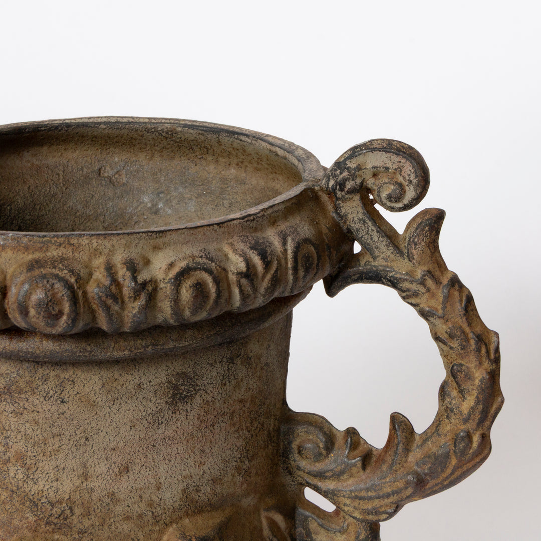 Pair of Victorian Queen Anne Style Cast Iron Garden Urns, mid 19th c.