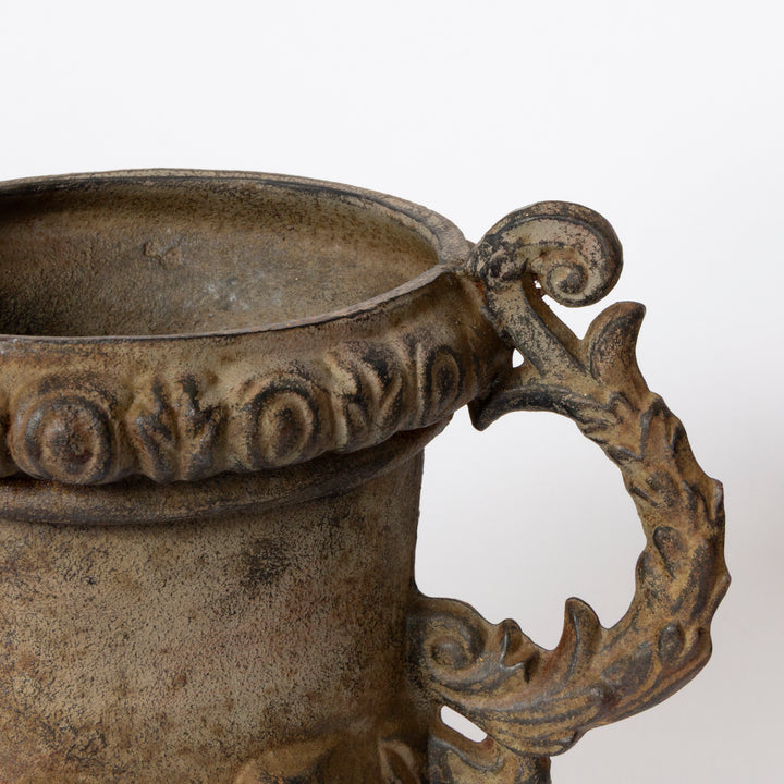 Pair of Victorian Queen Anne Style Cast Iron Garden Urns, mid 19th c.
