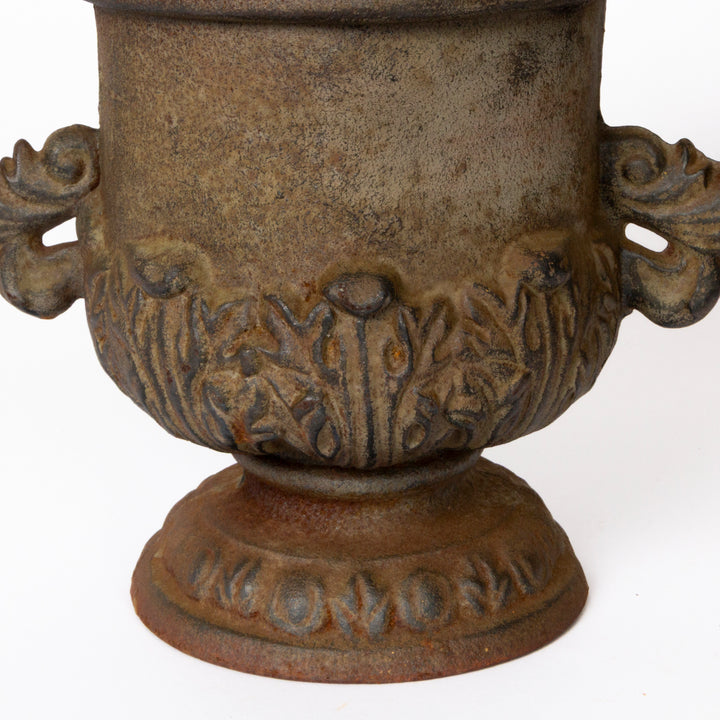 Pair of Victorian Queen Anne Style Cast Iron Garden Urns, mid 19th c.
