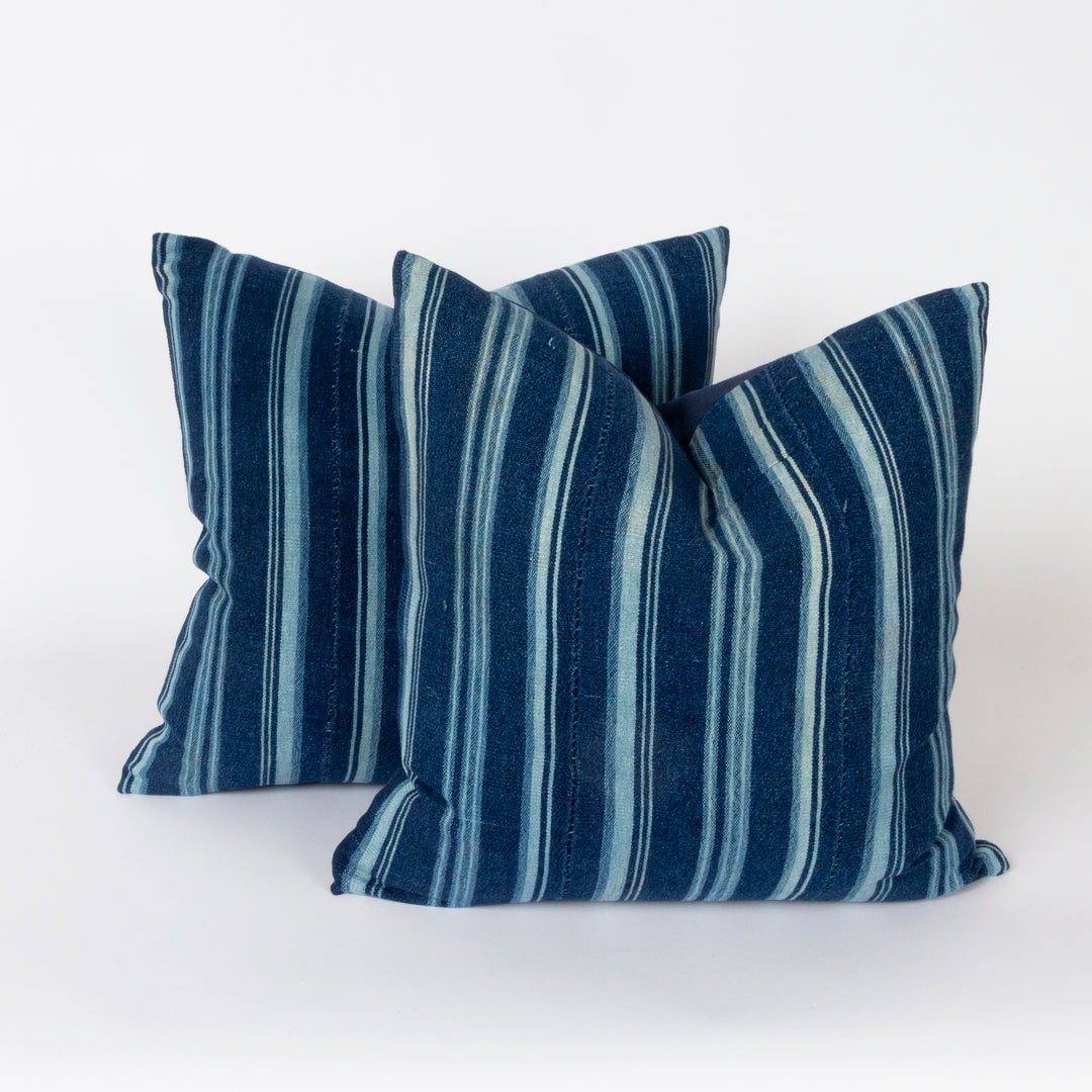 Custom Indigo Multi Stripe Pillow with Linen Back