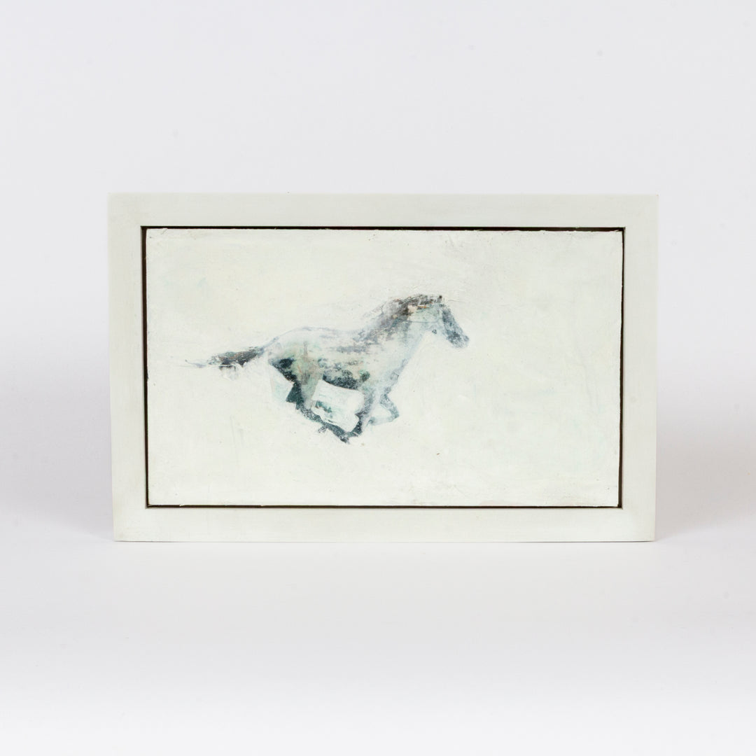 small framed painting of a running horse in white and grey tones