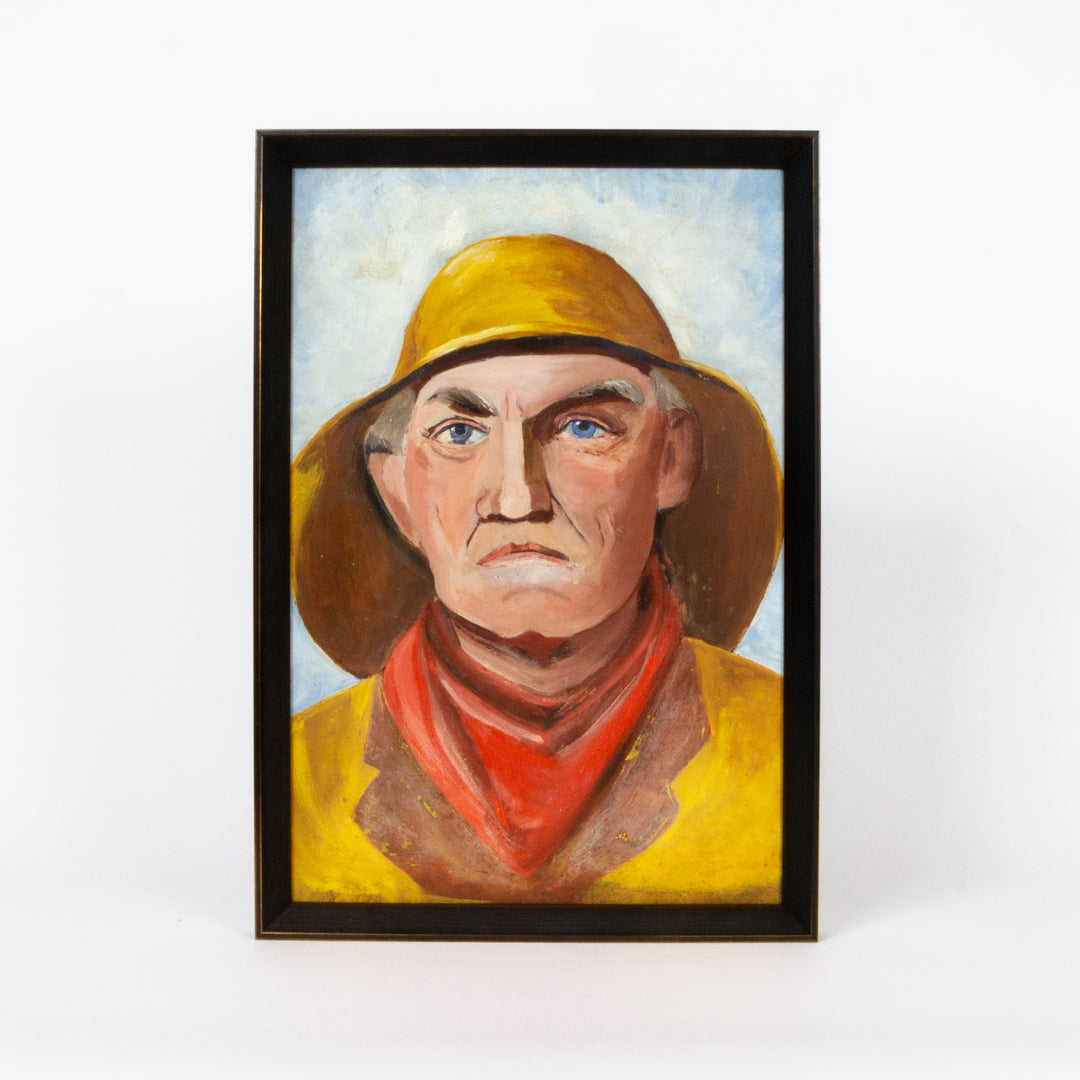vintage framed painting of a new england fisherman lobster man in a yellow slicker and hat