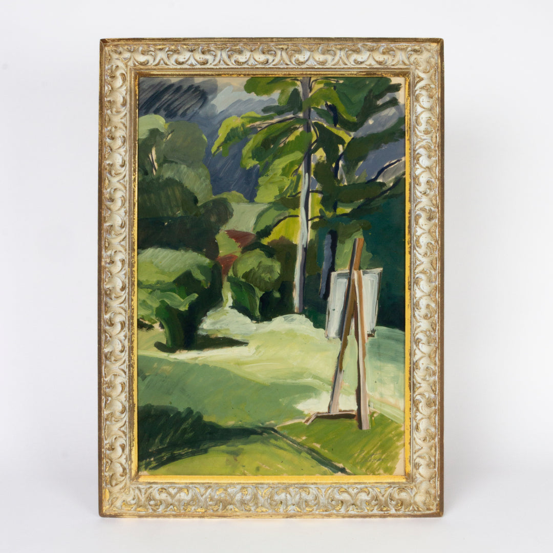 Plein Air Landscape With Easel, Signed, in Vintage Frame