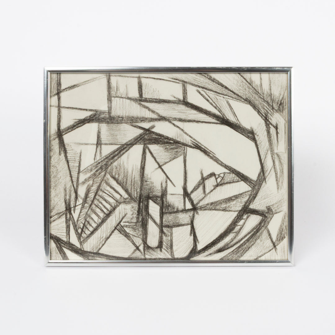 A framed abstract geometric artwork with black sketch-like lines on a warm off-white background 1960's
