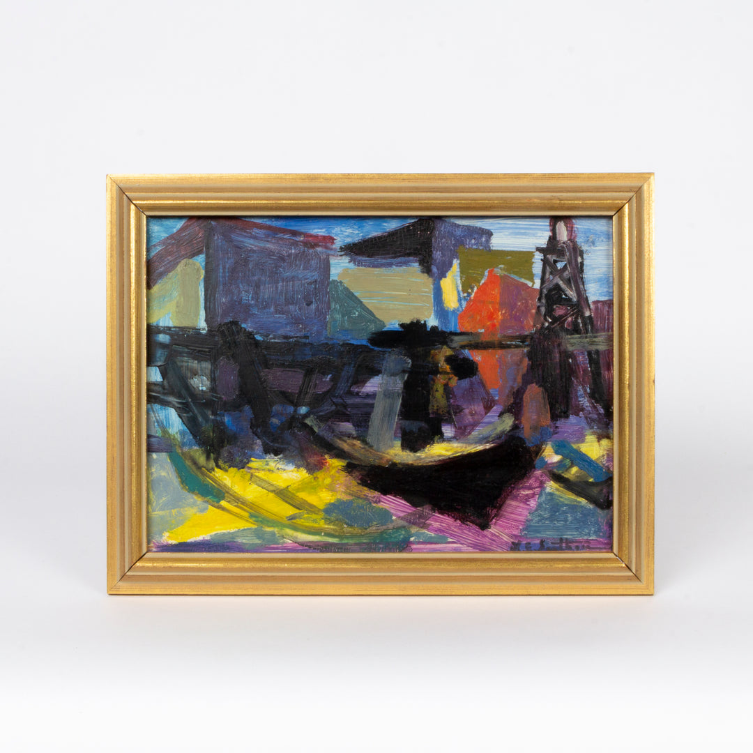 A framed abstract painting with a gold frame, featuring bold brushstrokes in blue, yellow, black, red, and purple, d