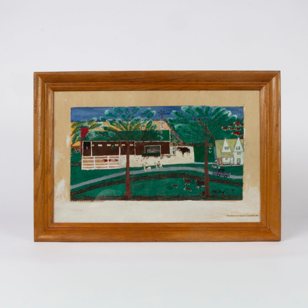 Framed Folk Art painting with green brown and red of a Kanasas Farm Scene