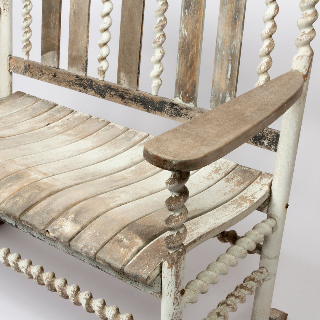 Wood Garden Bench With Old White Paint, circa Late 19th Century