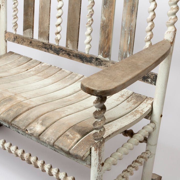 Wood Garden Bench With Old White Paint, circa Late 19th Century