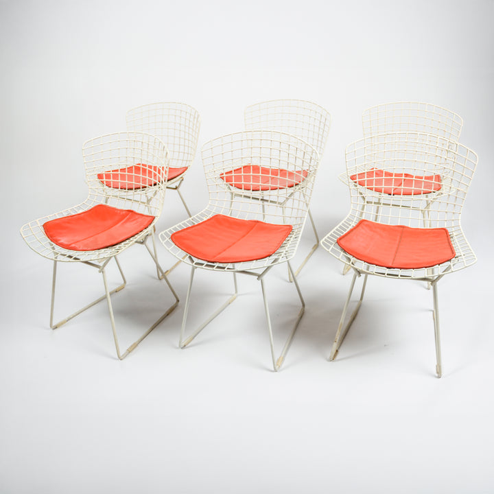 Set of 6 Bertoia for Knoll Mesh Chairs with Orange Leather Seat Pads, 1960s