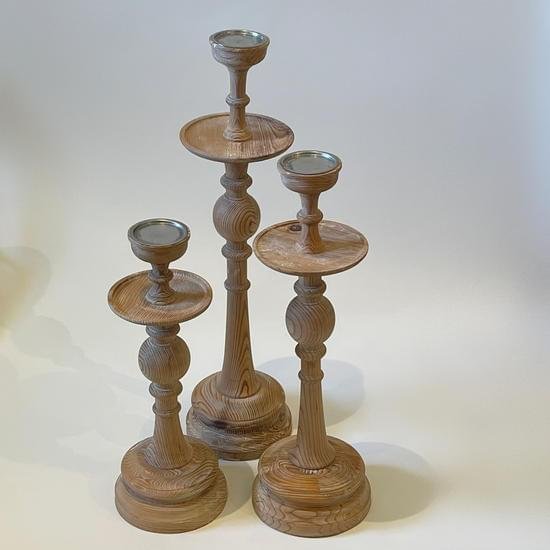 Set Of 3 Wooden Candlestick Holders